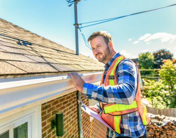 Roofer inspecting for water damage on a roof in Spring, TX
